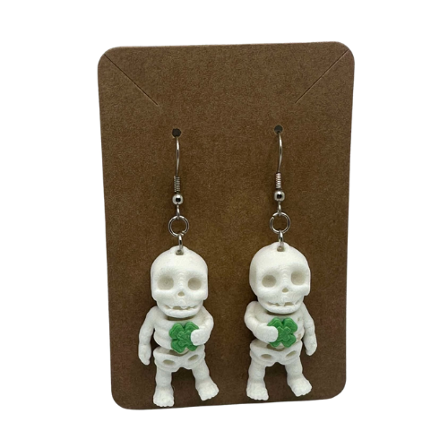 Skeleton Holding Clover Earrings - 3D Printed