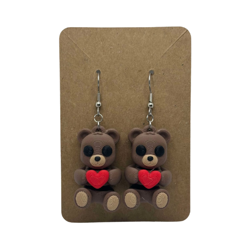 Bear Holding Red Heart Earrings - 3D Printed