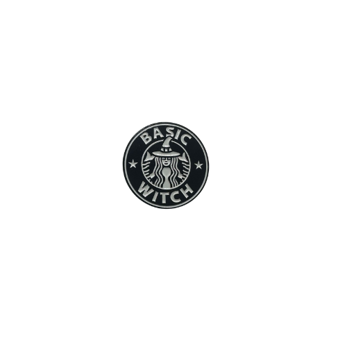 Add some coffee-loving personality to your fall accessories with this black Basic Witch metal pin, approximately quarter-sized with a rubber backing.