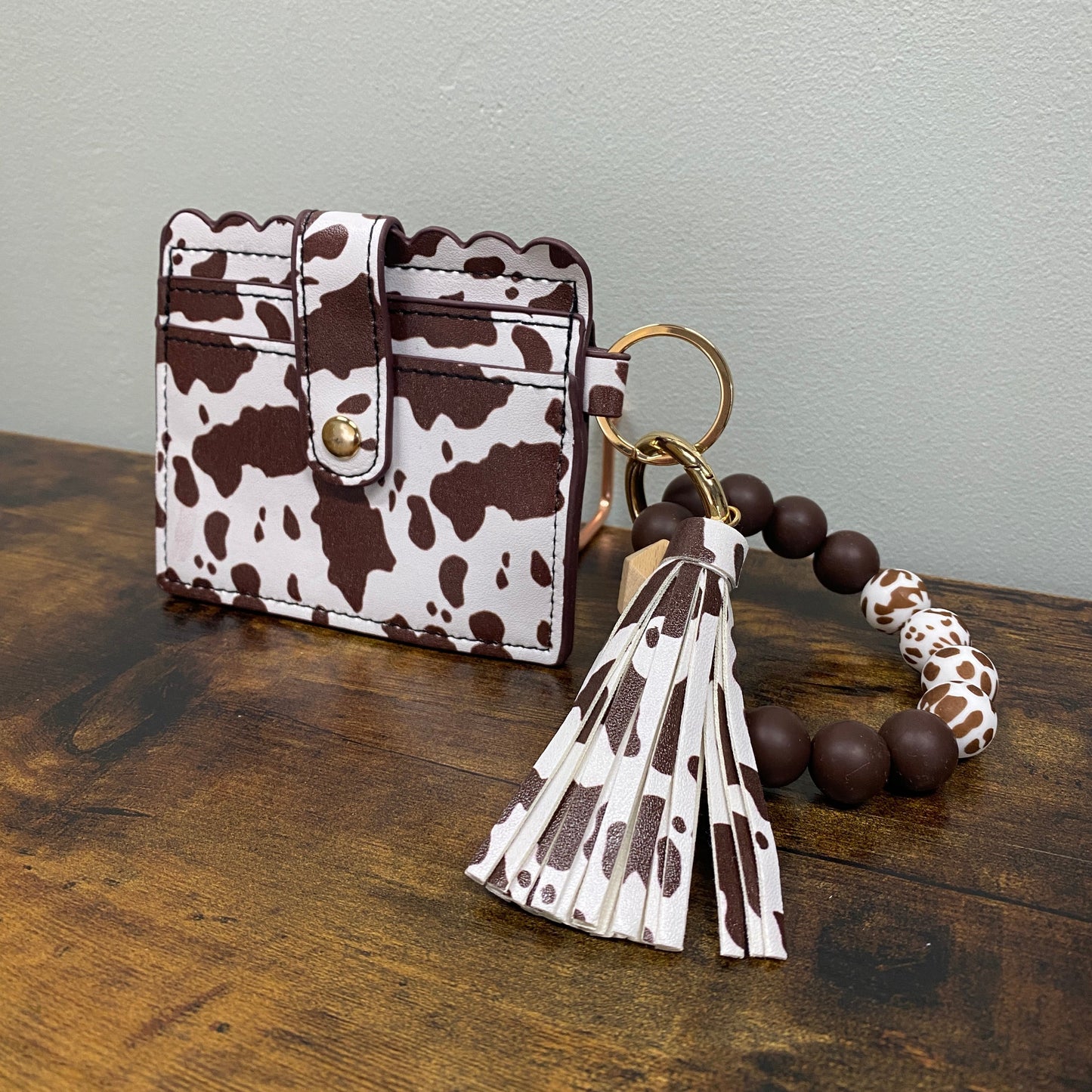 Silicone Bracelet Keychain with Brown Cow Print Scalloped Card Holder