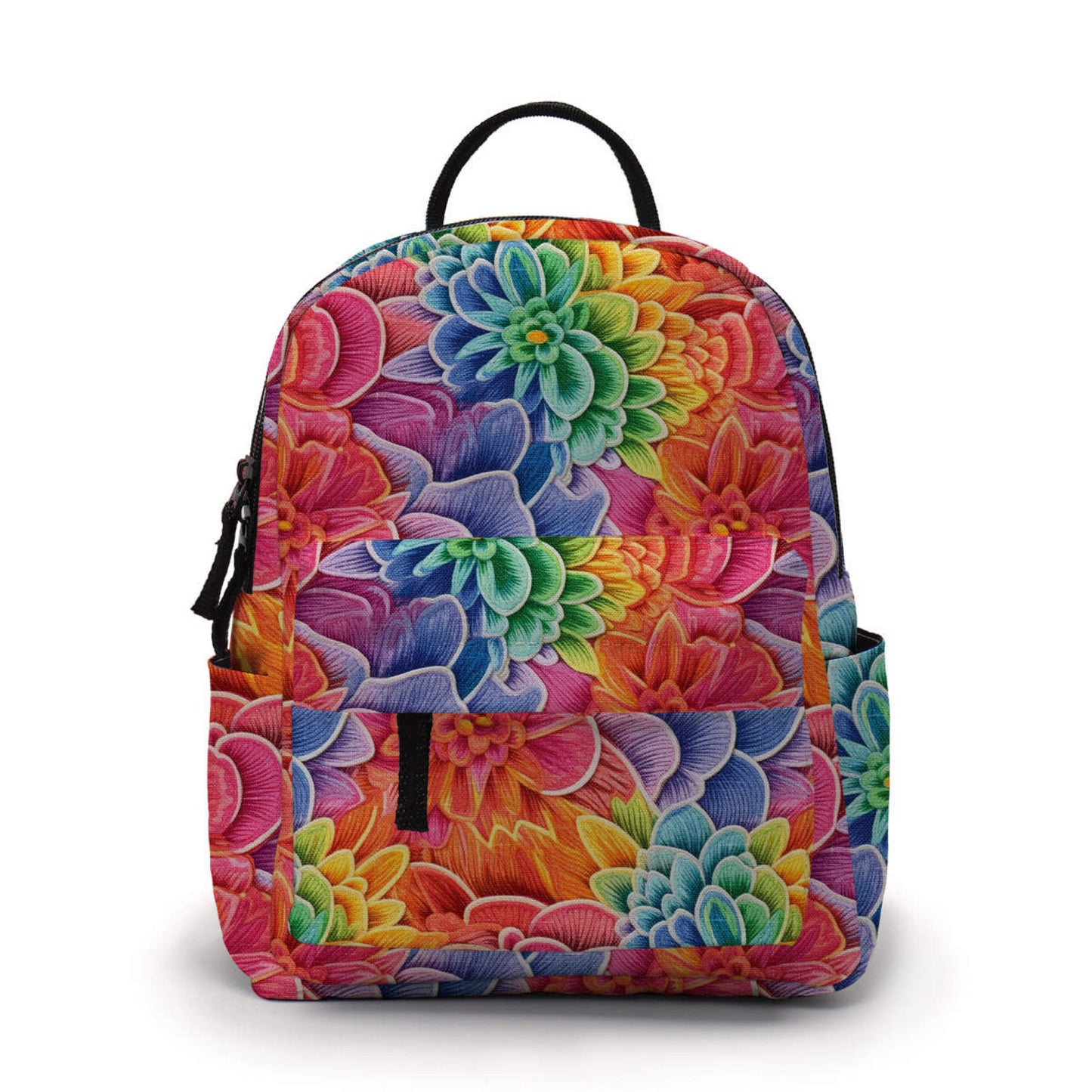 Floral Bright Colorful Faux Embroidery - Water-Resistant Mini Backpack