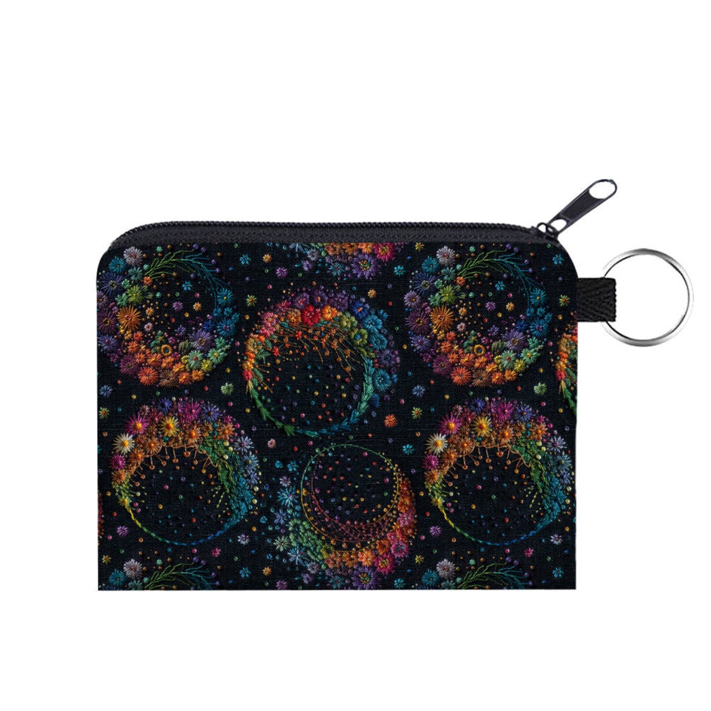 Moon Faux Embroidery on Black - Water-Resistant Mini Pouch w/ Keyring