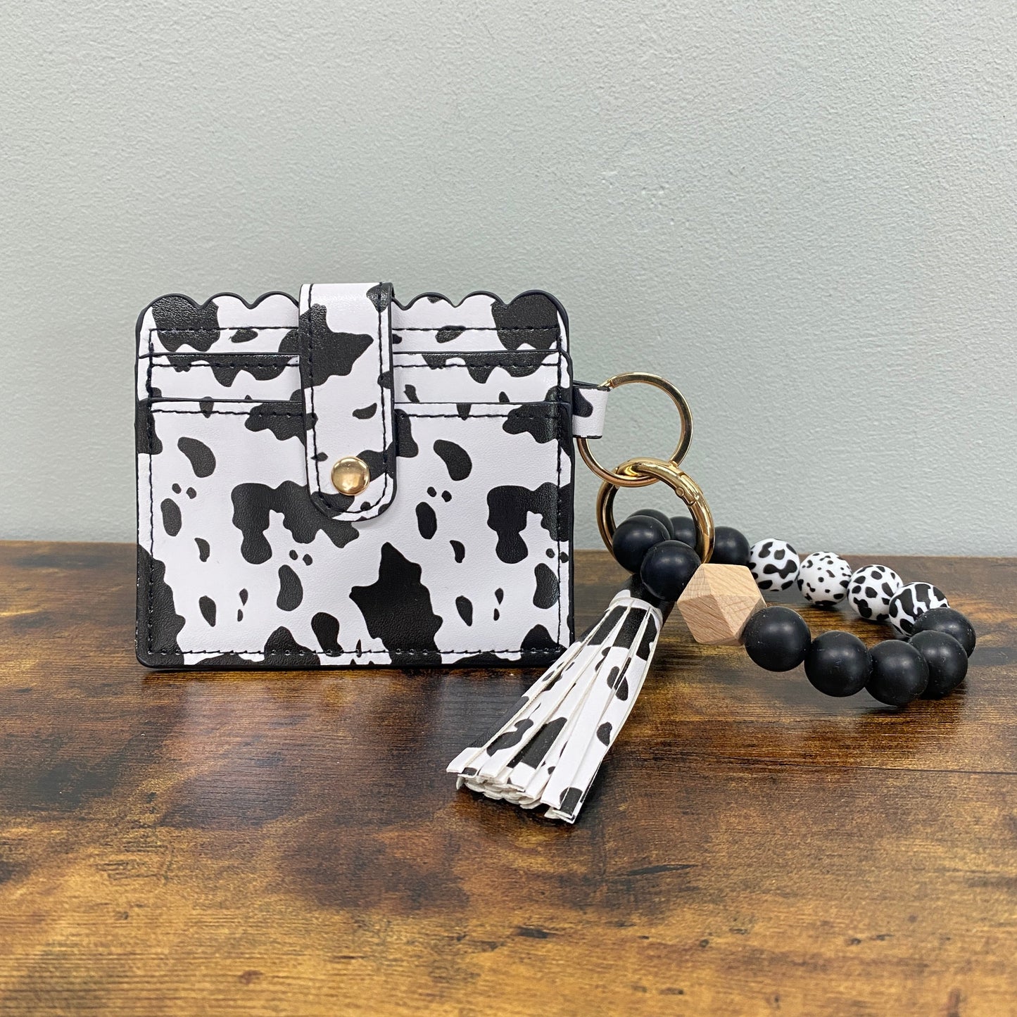 Silicone Bracelet Keychain with Scalloped Cow Print Card Holder