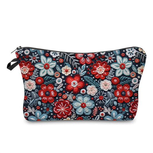 Red, White & Blue Faux Embroidery Floral - Water-Resistant Multi-Use Pouch