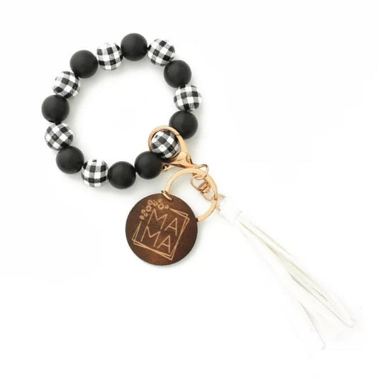 Wooden Bead Bracelet Keychain with Wooden Mama Disk