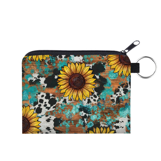 Sunflower Cow Wood  - Water-Resistant Mini Pouch w/ Keyring