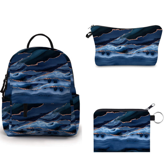 Marble Deep Blue Glitter - Water-Resistant Mini Backpack & Pouches Set