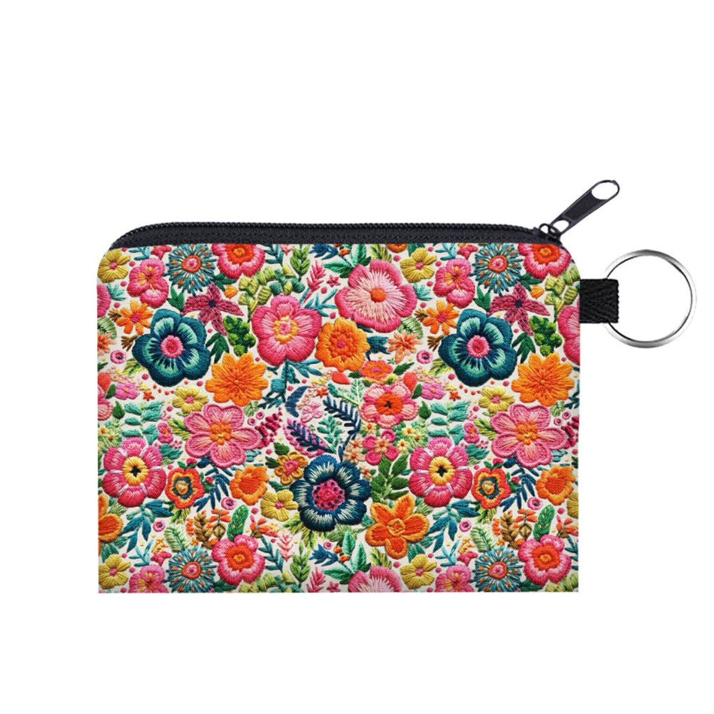Floral Colorful Faux Embroidery - Water-Resistant Mini Pouch w/ Keyring