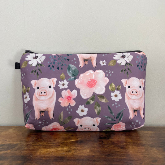 Floral Pigs on Deep Purple - Water-Resistant Multi-Use Pouch