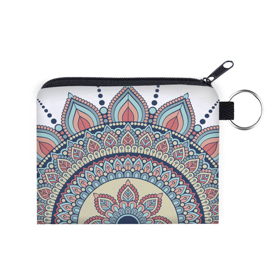 Mandala White Blue Peach - Water-Resistant Mini Pouch w/ Keyring