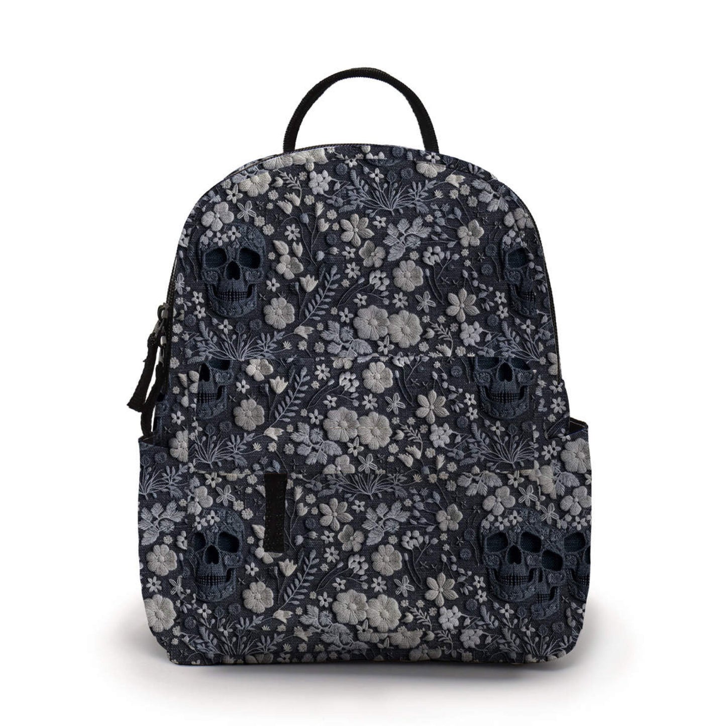 Grey Skull Faux Floral Faux Embroidery - Water-Resistant Mini Backpack