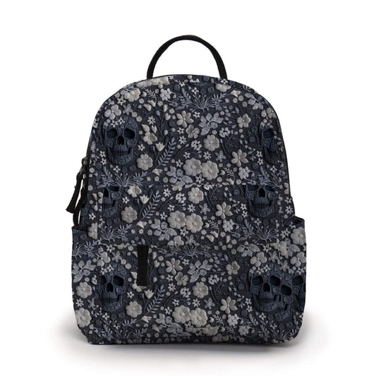 Grey Skull Faux Floral Faux Embroidery - Water-Resistant Mini Backpack