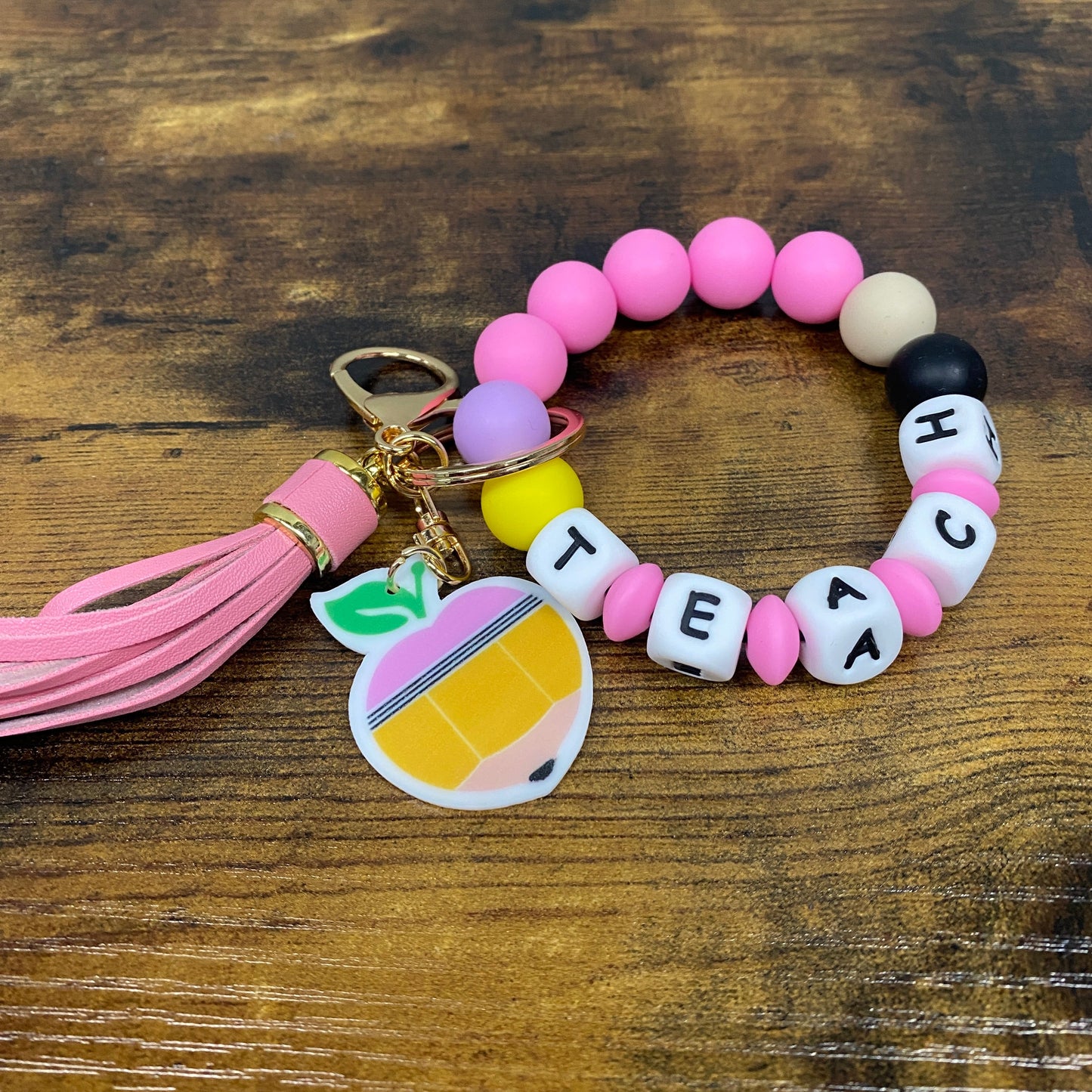 Silicone Bracelet Keychain - Teach Pink