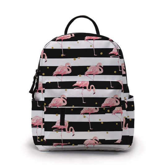 Black/White Stripe Flamingo- Water-Resistant Mini Backpack