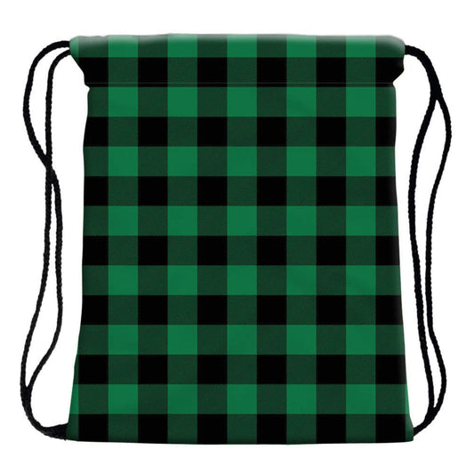 Green Buffalo Plaid - Water-Resistant Drawstring Bag - Backpack