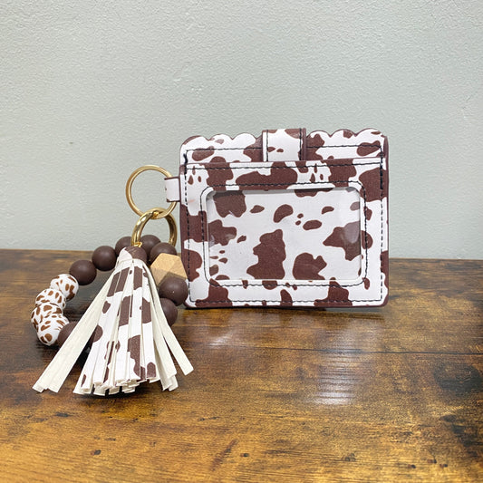 Silicone Bracelet Keychain with Brown Cow Print Scalloped Card Holder