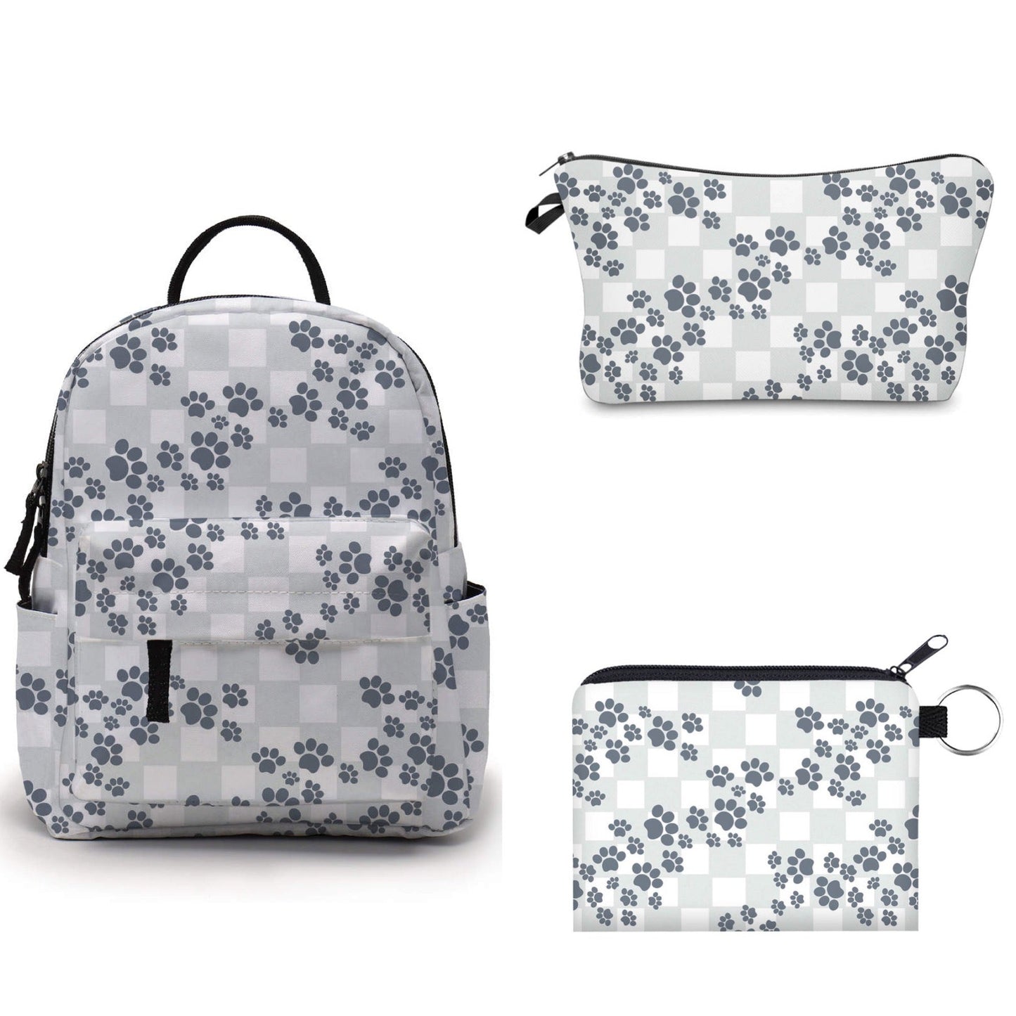 Paw Print Plaid - Water-Resistant Mini Backpack & Pouches Set