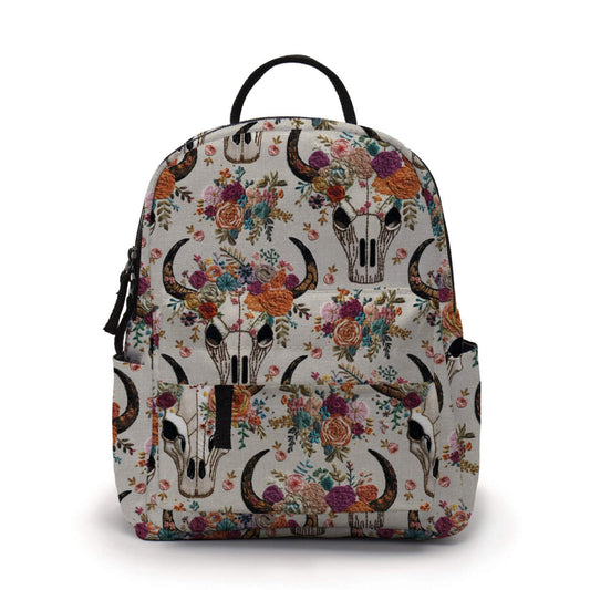 Bull Skull Floral Faux Embroidery - Water-Resistant Mini Backpack