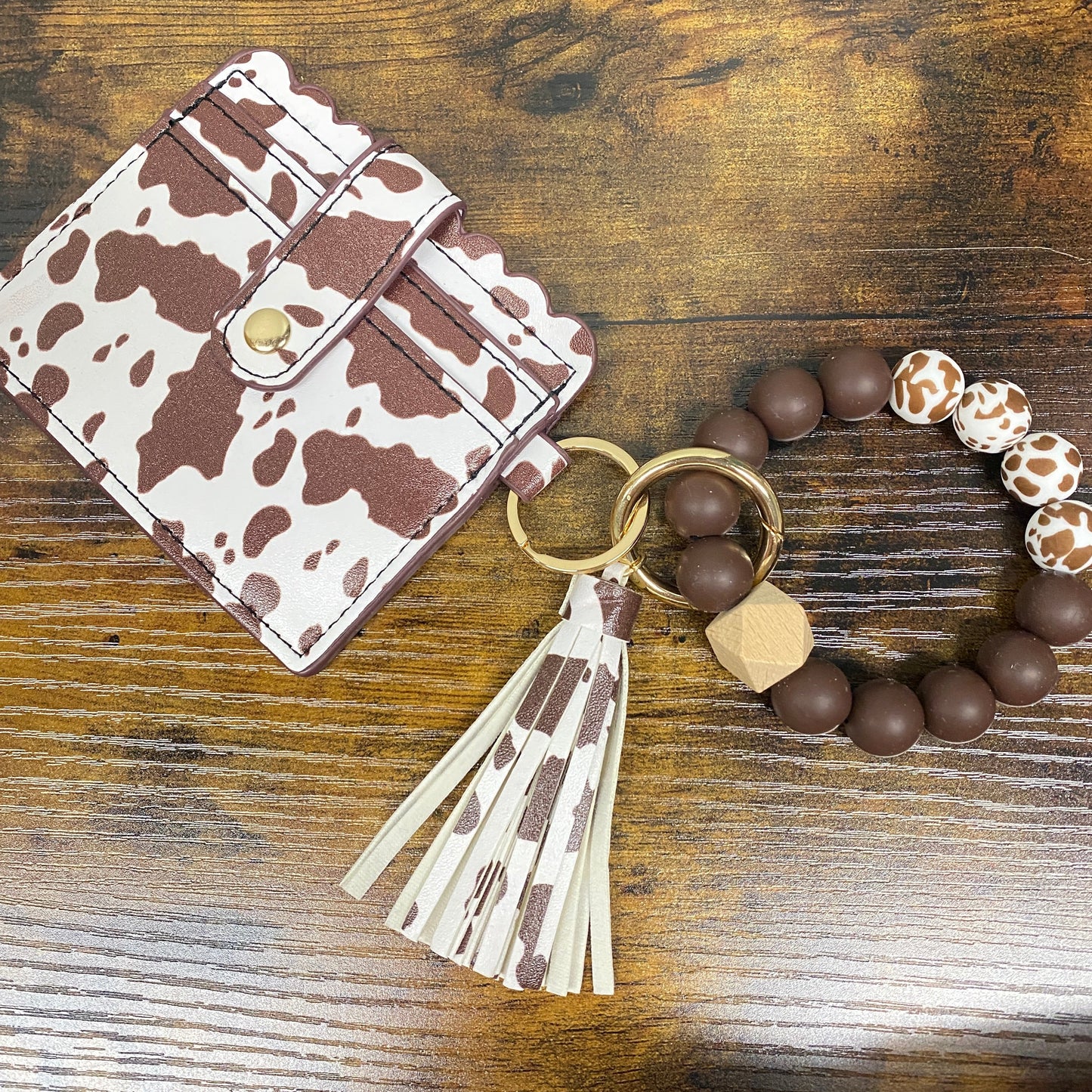 Silicone Bracelet Keychain with Brown Cow Print Scalloped Card Holder