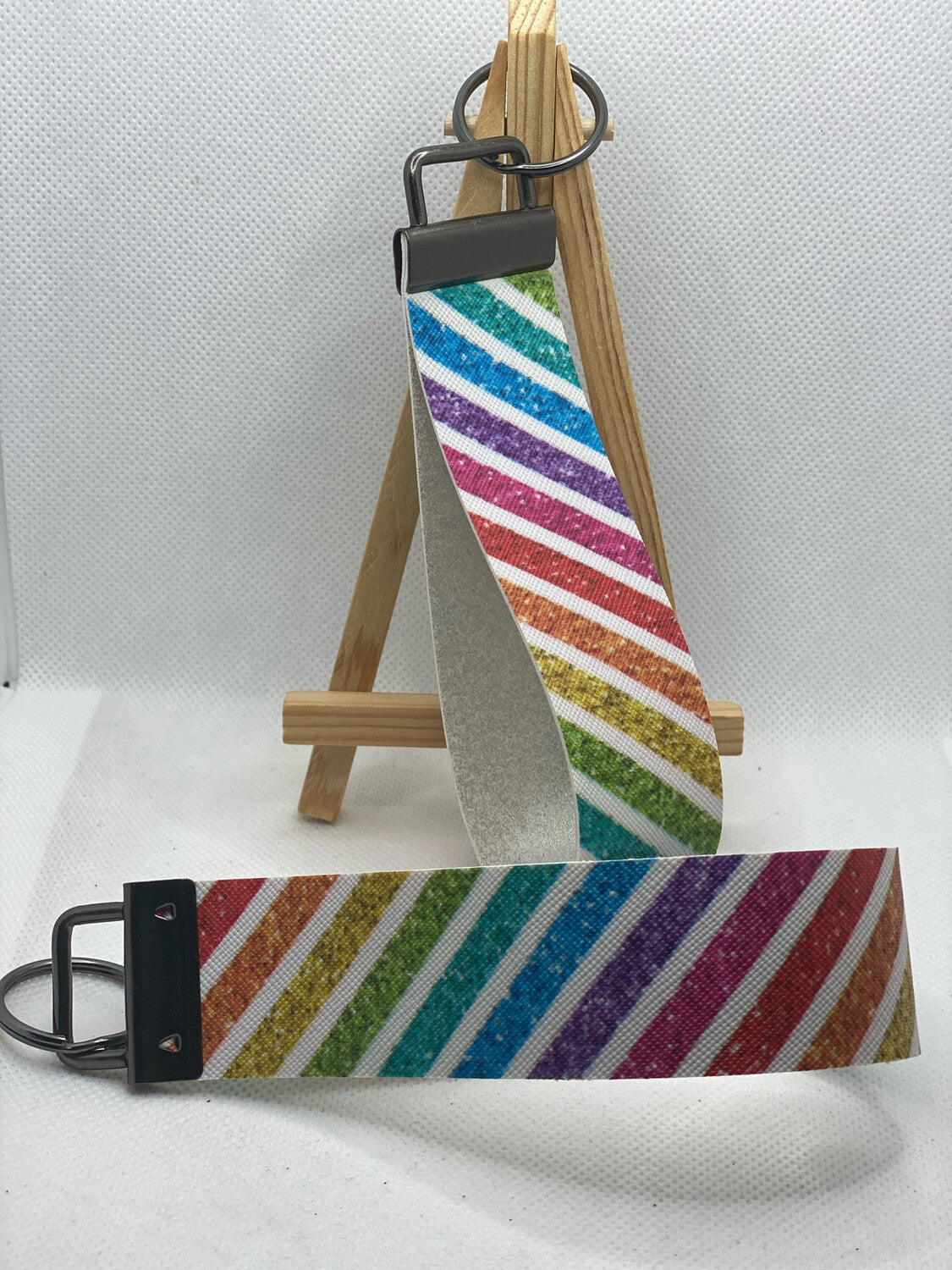 White Faux Glitter Rainbow Stripes Faux Leather Wristlet Keychain