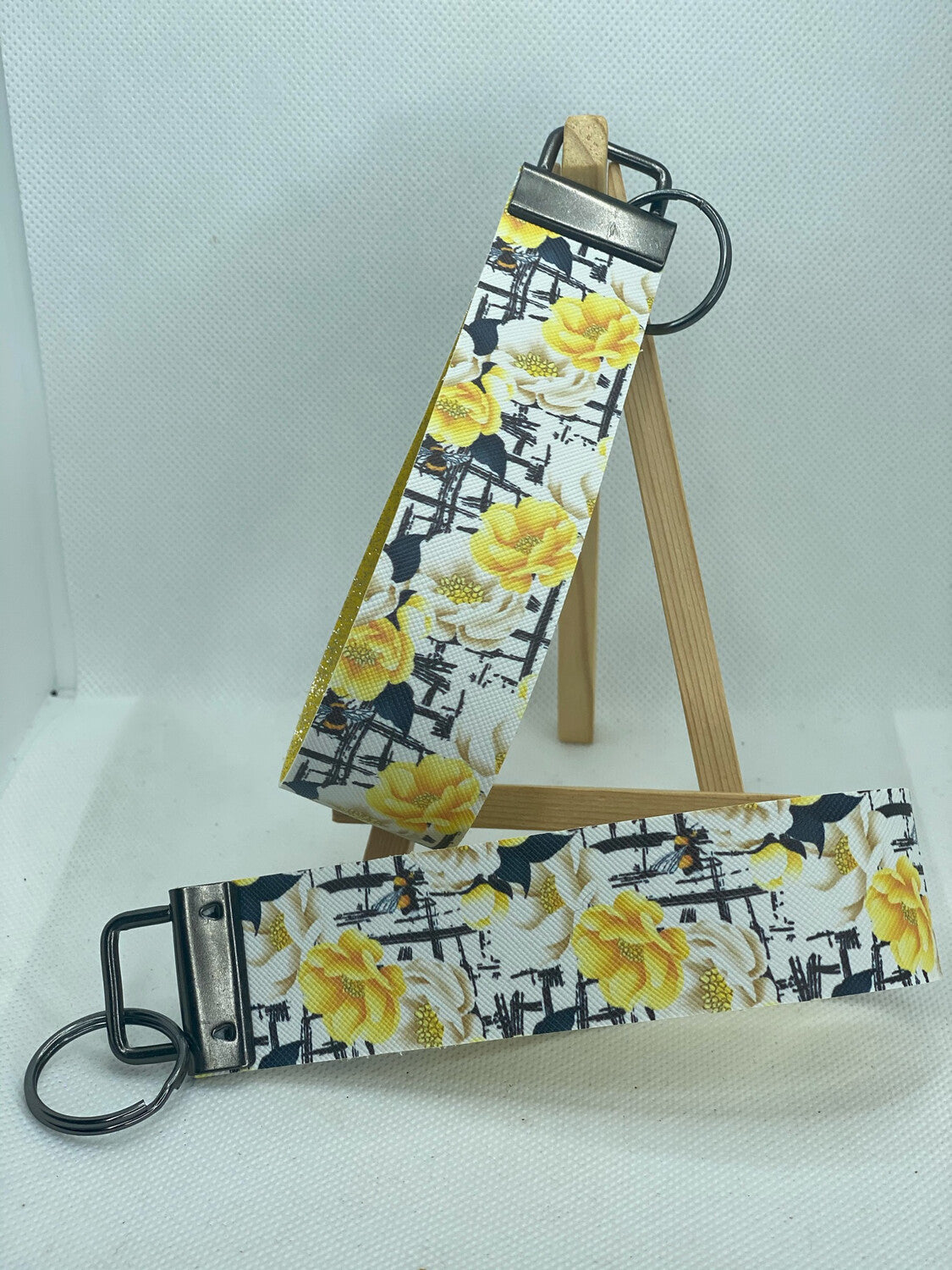 Bees & Flowers Faux Leather Wristlet Keychain