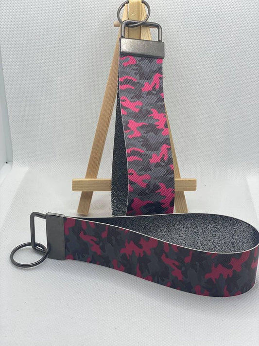 Pink Camo - Pink Camouflage - Faux Leather Wristlet Keychain