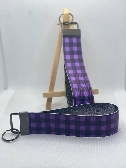 Purple Buffalo Plaid Faux Leather Wristlet Keychain