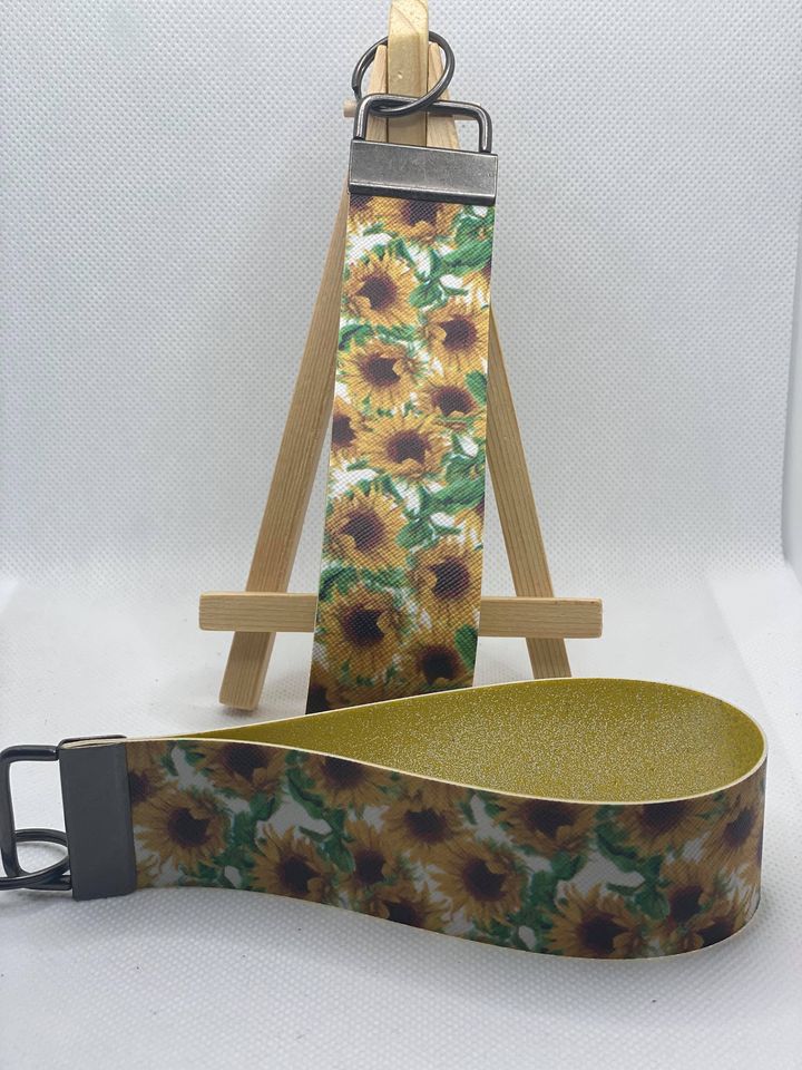 Realistic Sunflower Faux Leather Wristlet Keychain