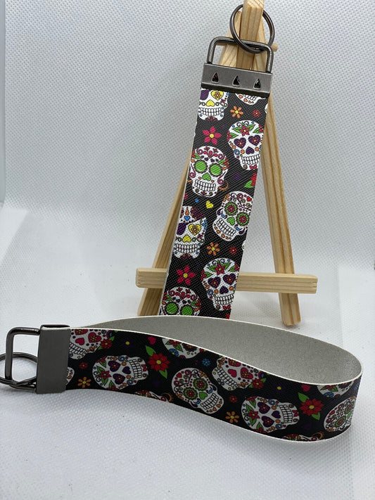 Sugar Skull Faux Leather Wristlet Keychain