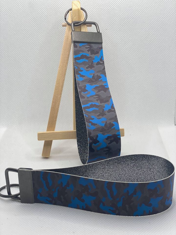 Blue Camo - Blue Camouflage - Faux Leather Wristlet Keychain