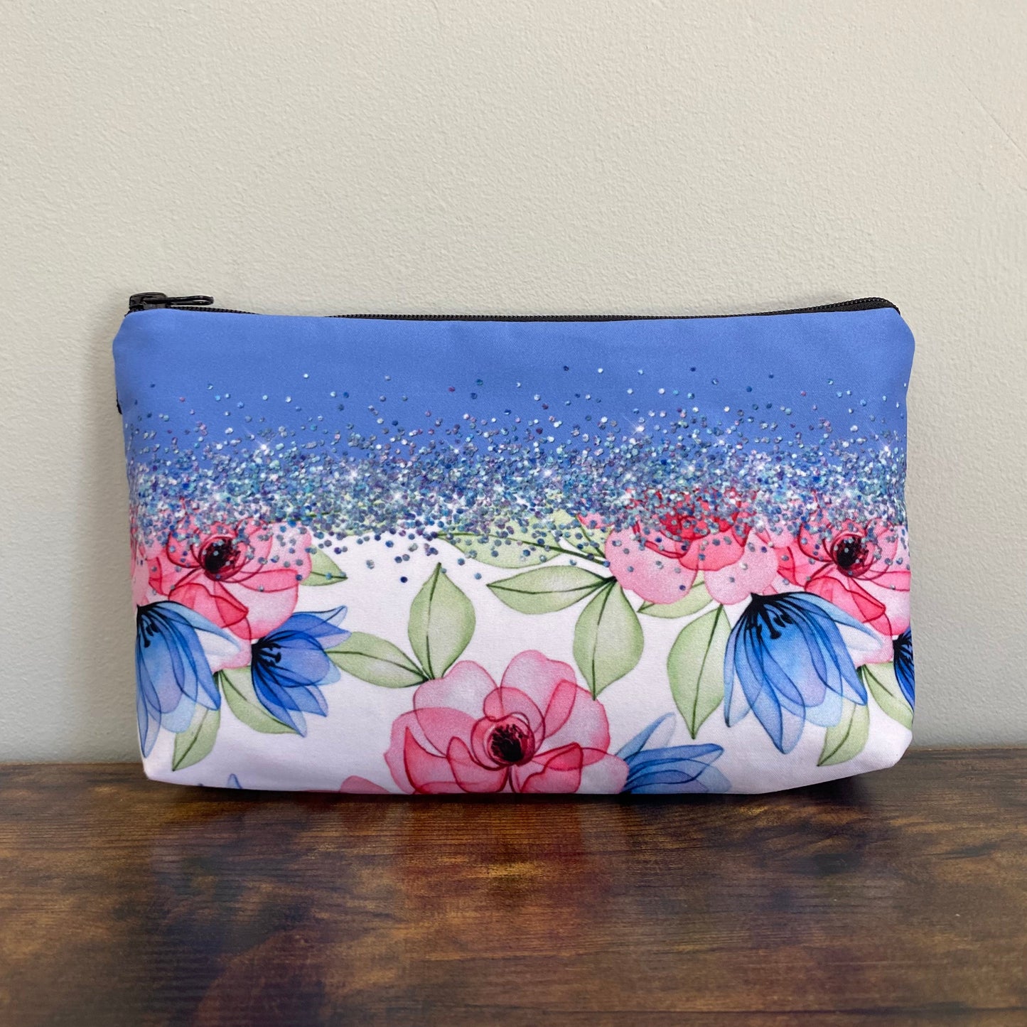 Floral Ombré Blue Glitter - Water-Resistant Multi-Use Pouch