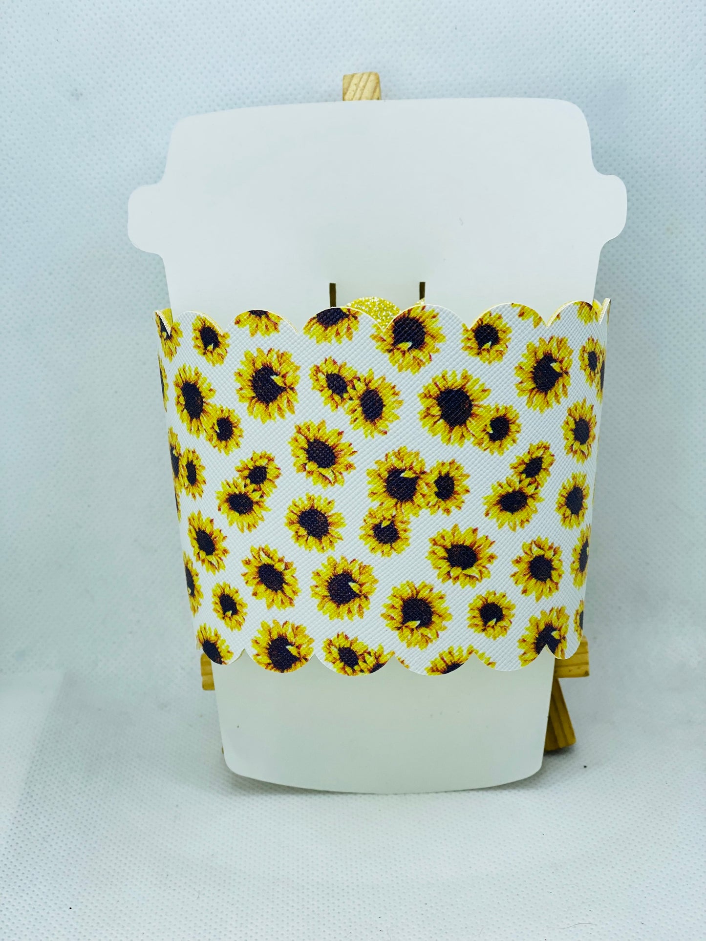 Sunflowers - Scalloped Edge- Hot Cup Coozie Sleeve - Faux Leather Drink Sleeve