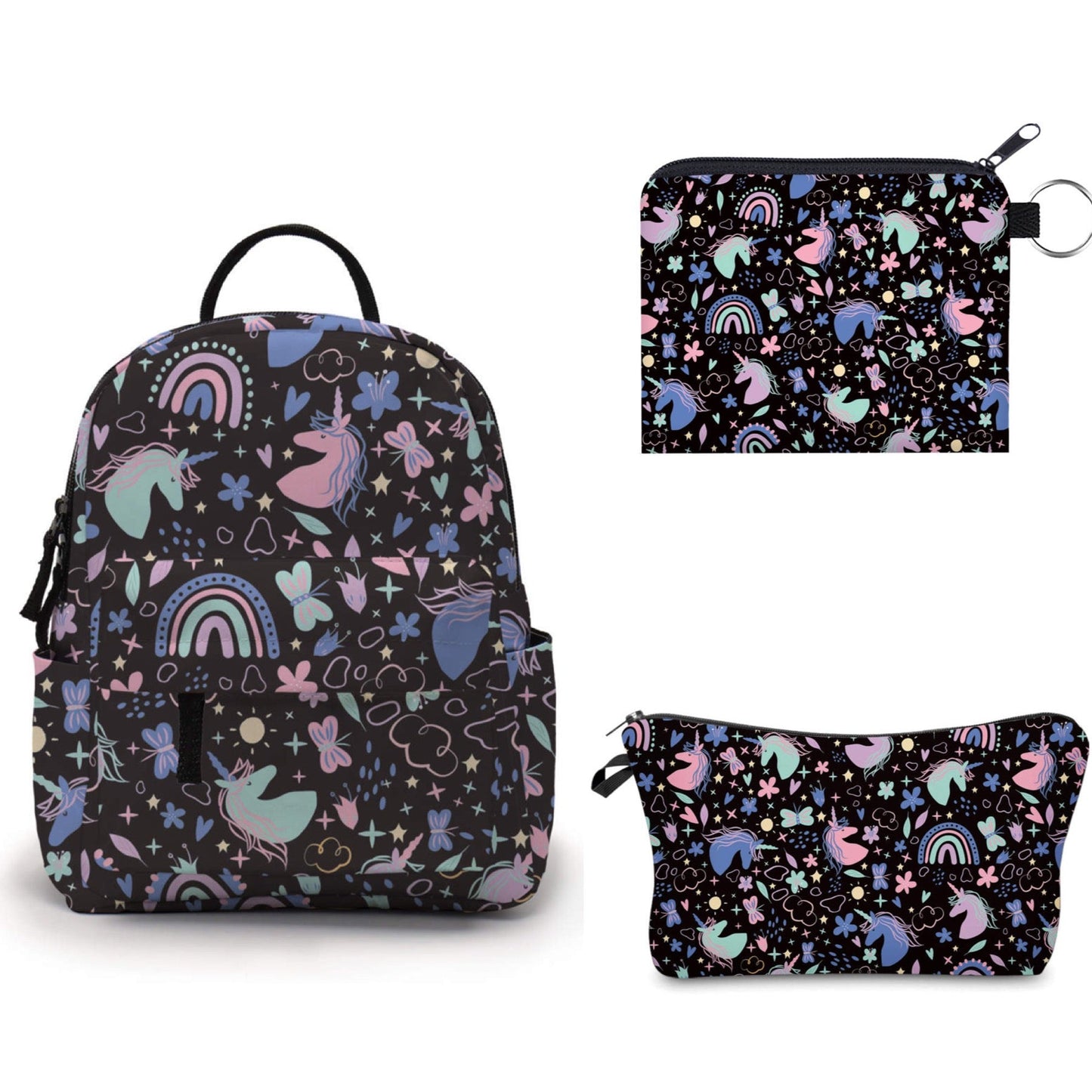 Unicorn Doodles - Water-Resistant Mini Backpack, Multi-Use Pouch & Card/Coin Pouch Set