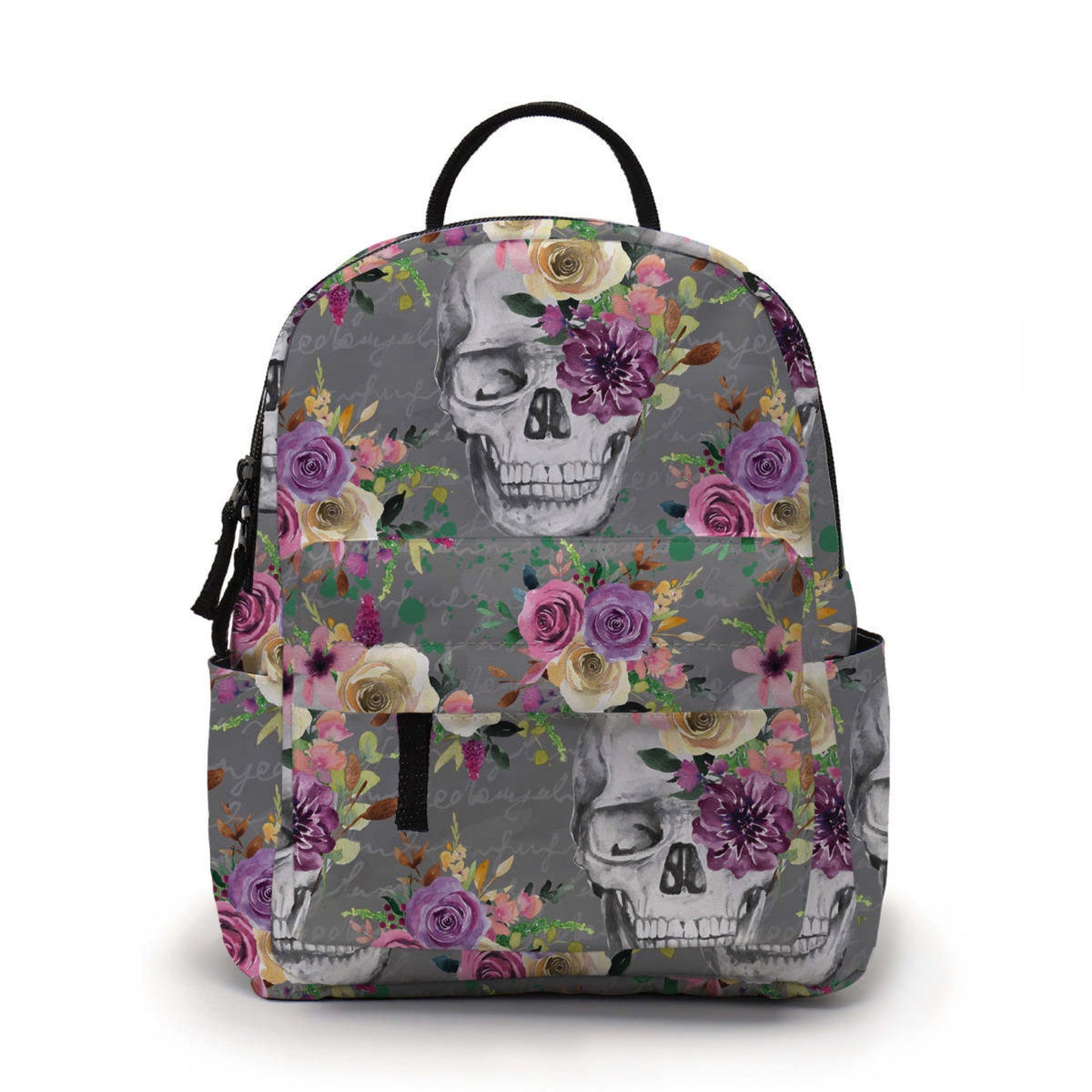 Grey Floral Skull - Water-Resistant Mini Backpack