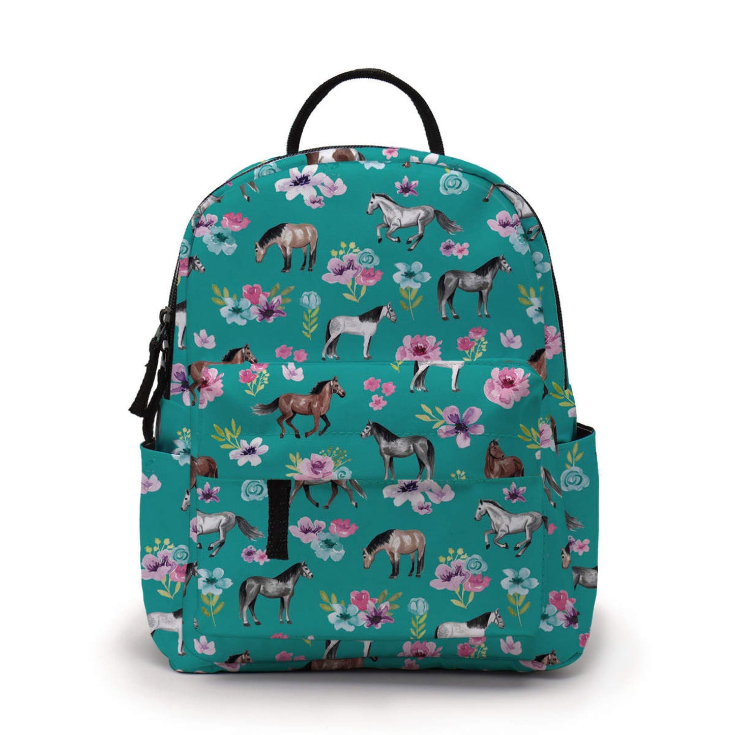 Horses & Floral Teal - Water-Resistant Mini Backpack & Pouch Set