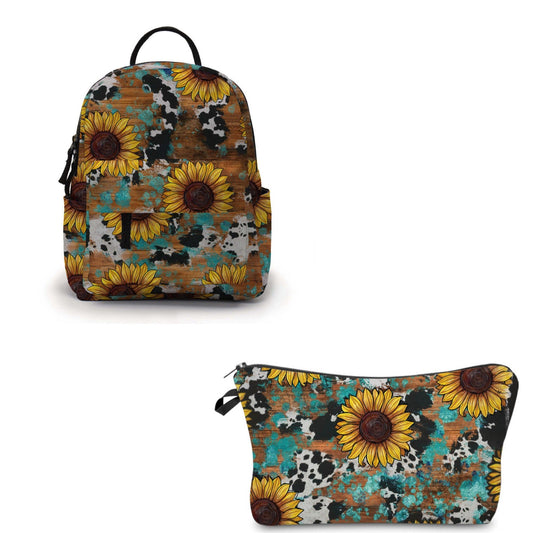 Sunflower Cow Wood - Water-Resistant Multi-Use Pouch & Mini Backpack SET