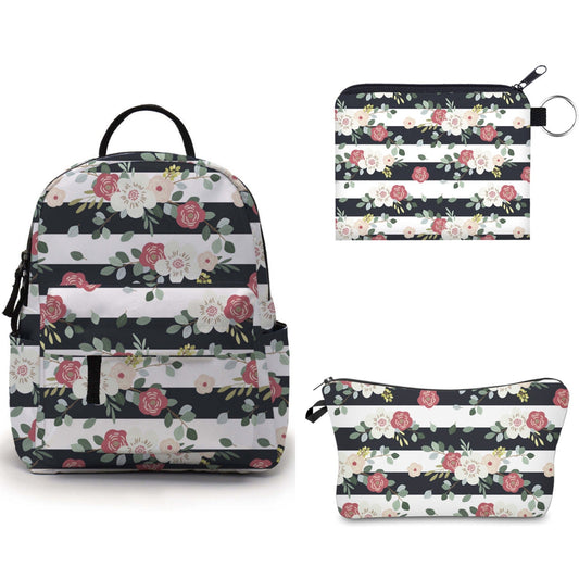 Floral Stripe Water-Resistant Mini Backpack & Pouches Set