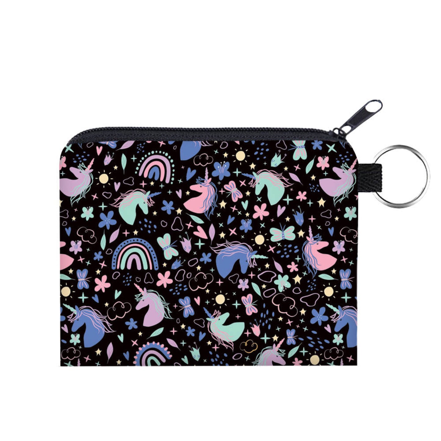 Unicorn Doodles on Black - Water-Resistant Mini Pouch w/ Keyring