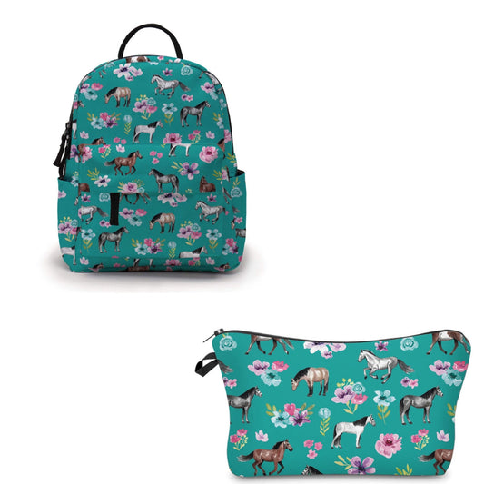 Horses & Floral Teal - Water-Resistant Mini Backpack & Pouch Set