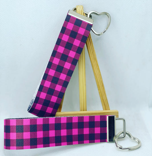 Limited Edition - 5” Pink Buffalo Plaid Faux Leather Wristlet Keychain - Valentine’s Day