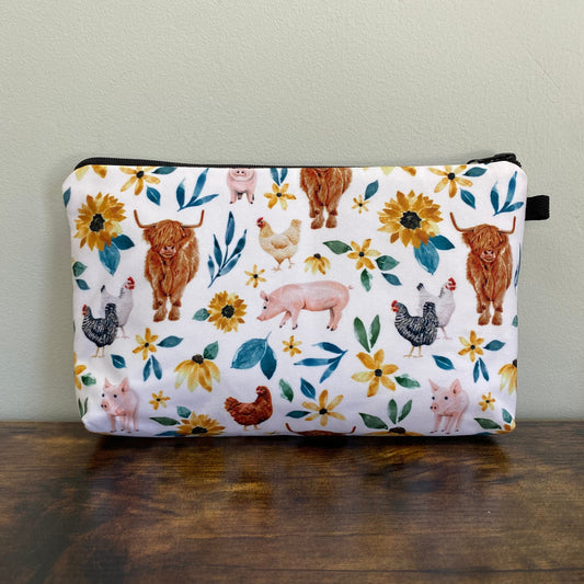 Floral Highland Cow Pig Chicken - Water-Resistant Multi-Use Pouch