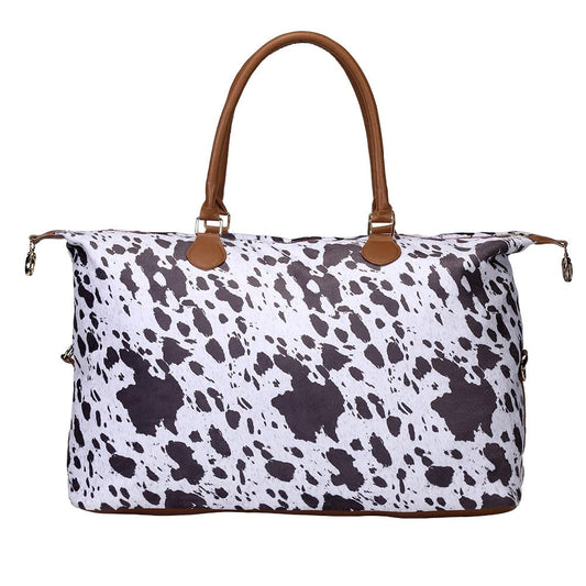 Black Cow Print Weekender Bag - Faux Leather Bottomed Weekender Bag