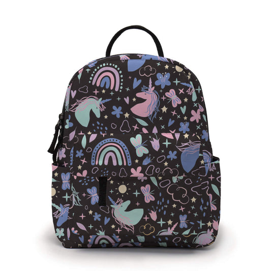 Doodled Unicorns on Black - Water-Resistant Mini Backpack