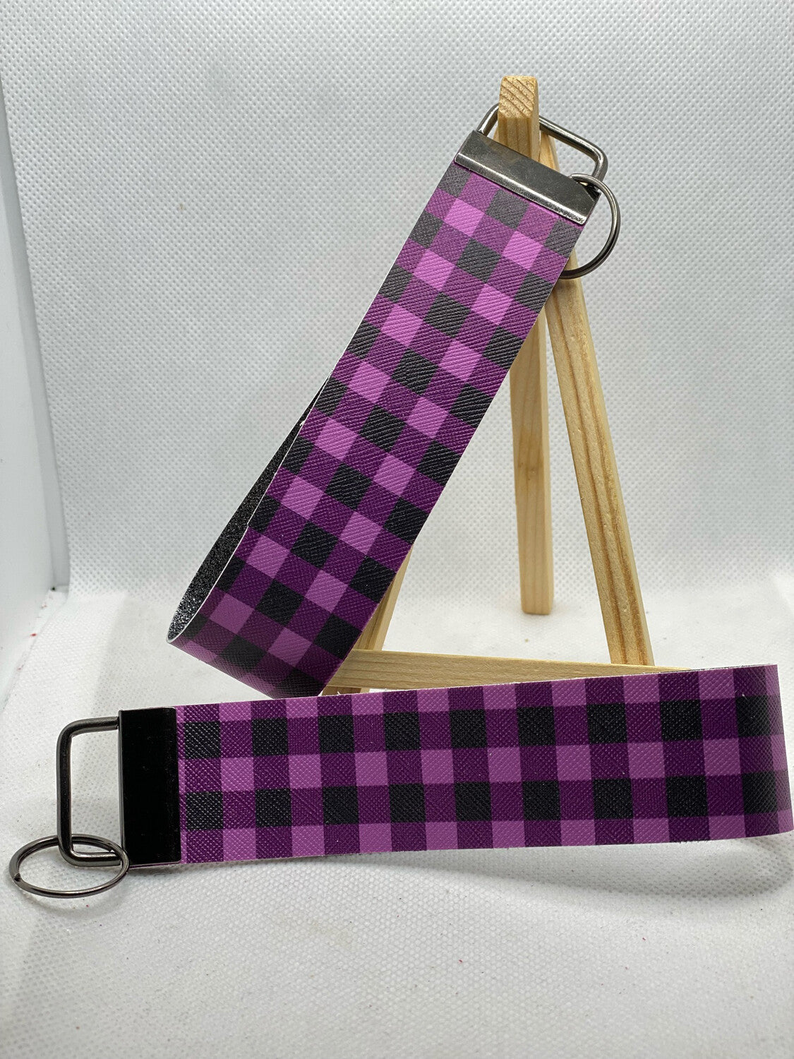 Lilac Buffalo Plaid Faux Leather Wristlet Keychain