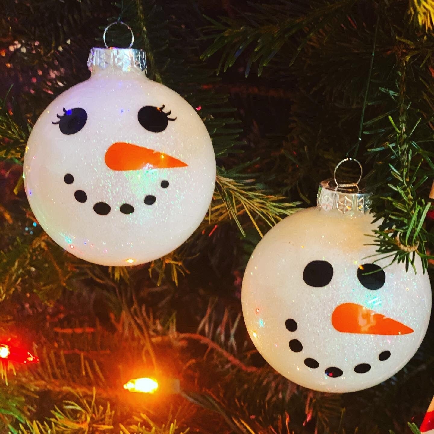 Glass Snowman/Snowwoman Ornament Set