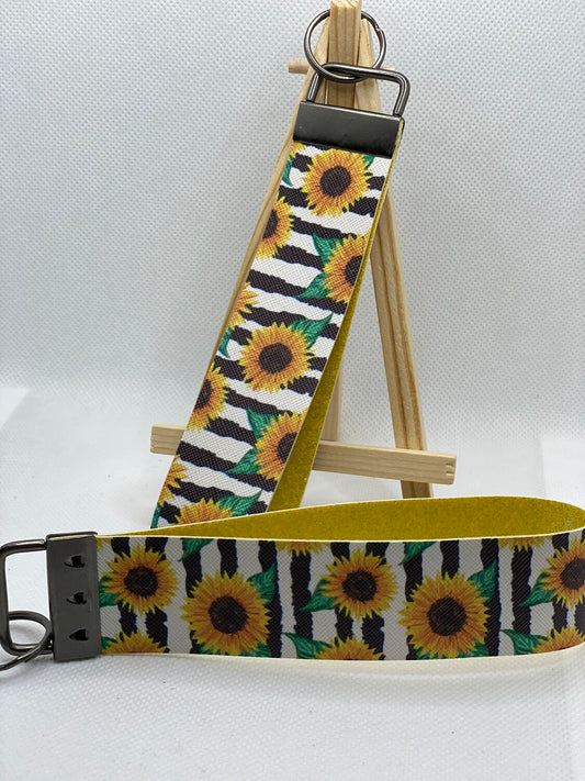 Striped Sunflower Faux Leather Wristlet Keychain