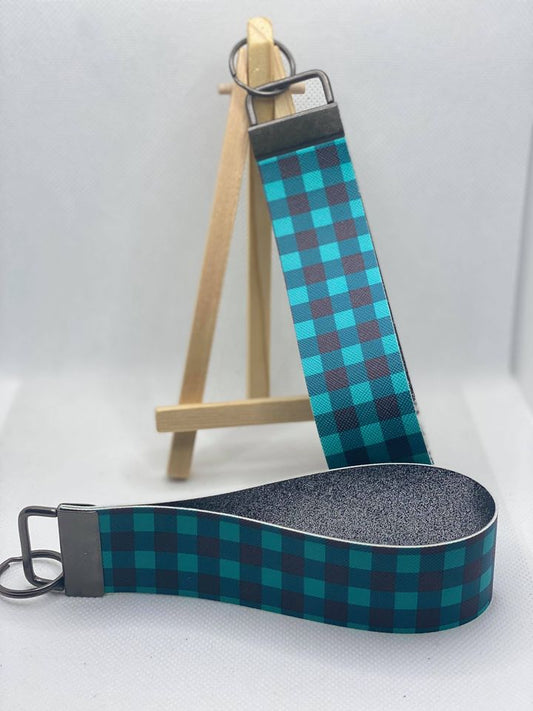 Teal Buffalo Plaid Faux Leather Wristlet Keychain